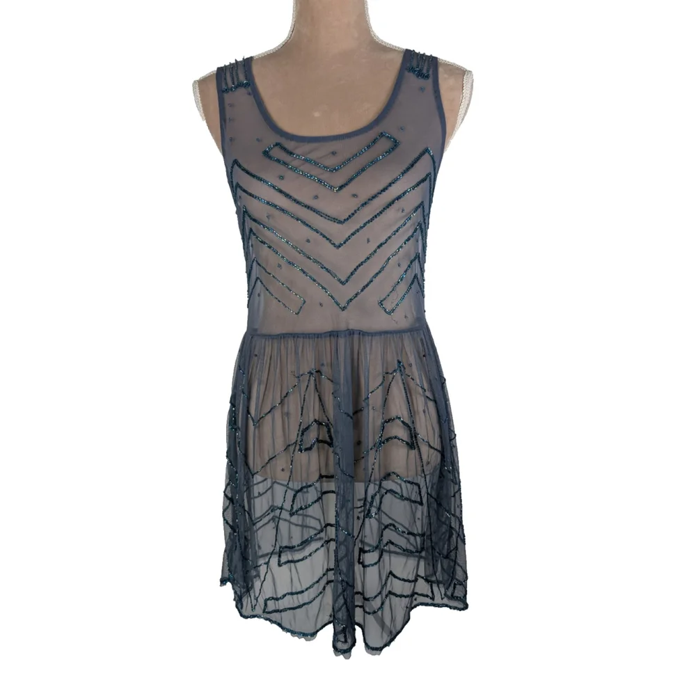 Two Free People Embellished Mesh Mini Dress XS Beaded Pink Blue Y2K Boho Glam
